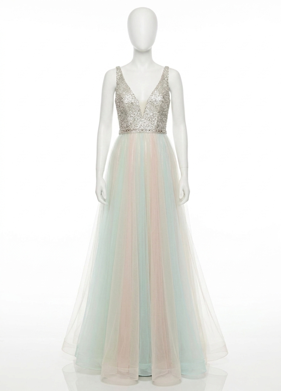 NEW RACHEL ALLAN tulle a-line prom gown with ab stones in mint/sky blue